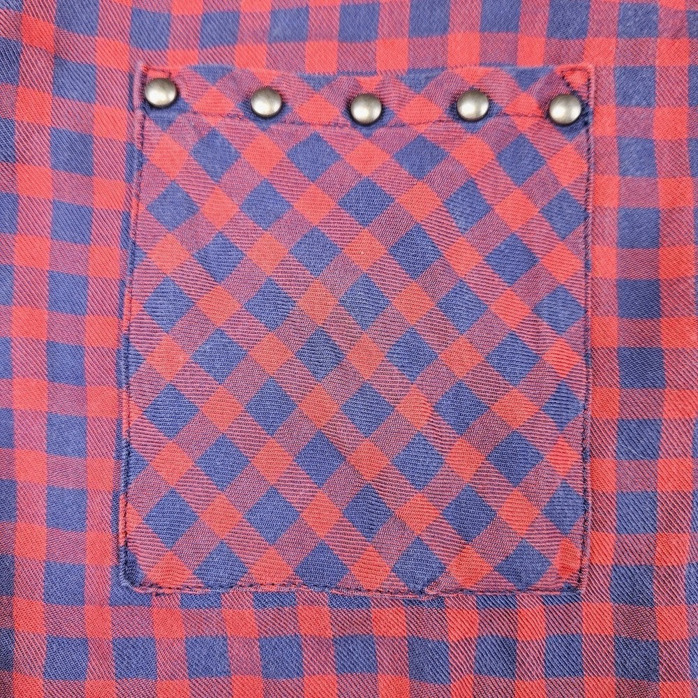Billy T Shirt Dress Small Red Blue Plaid Studded High Low Button Roll Tab Sleeve - Picture 2 of 10